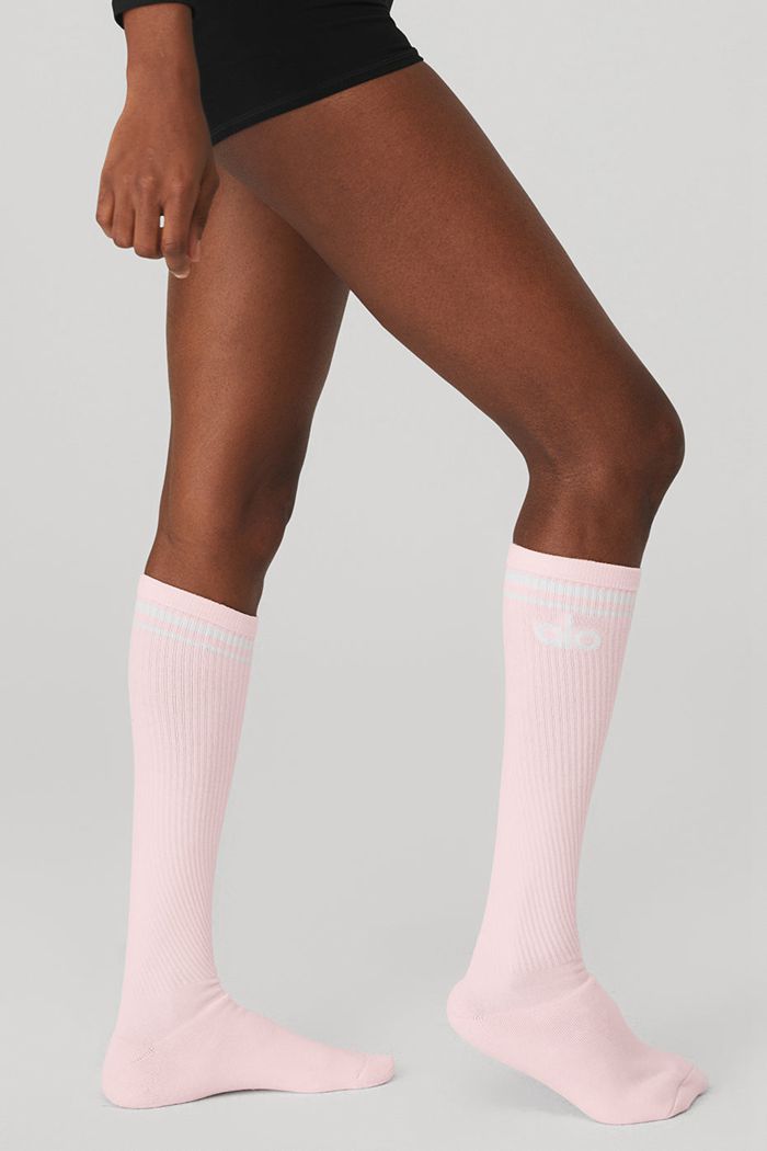 Alo Yoga Knee-High Throwback Barre Women's Socks Pink White | 97EZJHFWL