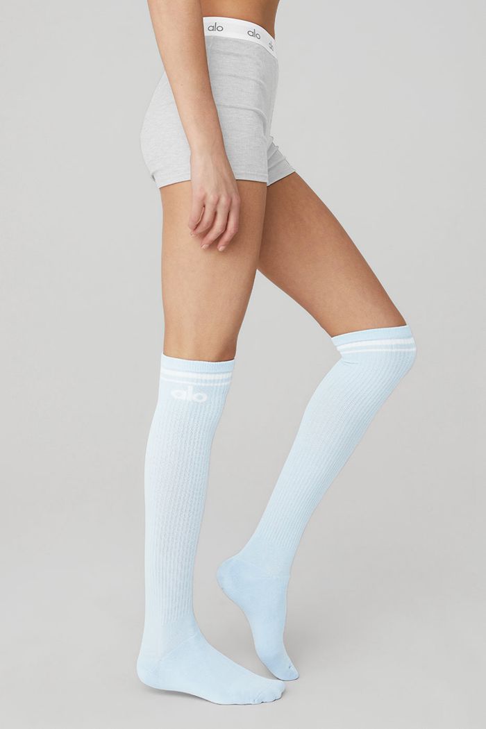 Alo Yoga Knee-High Throwback Women's Socks Blue White | 39PBSAFQY