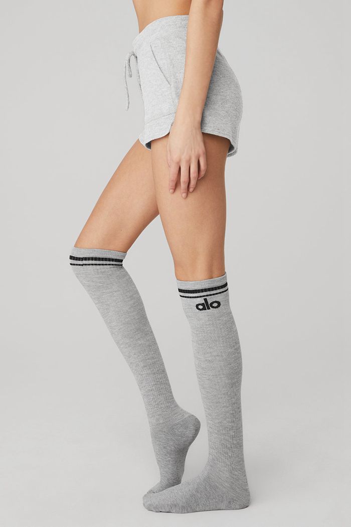 Alo Yoga Knee-High Throwback Women's Socks Grey Black | 45AMKTLDB