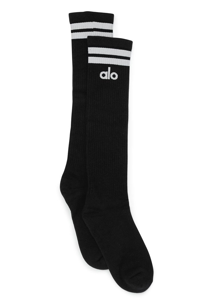 Alo Yoga Knee-High Throwback Women\'s Socks Black White | 68TIEDVAL