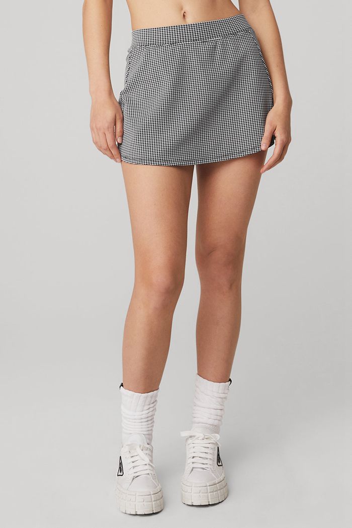 Alo Yoga Micro Houndstooth Tennis Women\'s Skirts Black White | 58ZEPGAKB