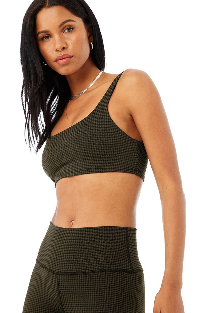 Alo Yoga Micro Houndstooth Women\'s Bras Dark Olive Black | 28SAVFGIX