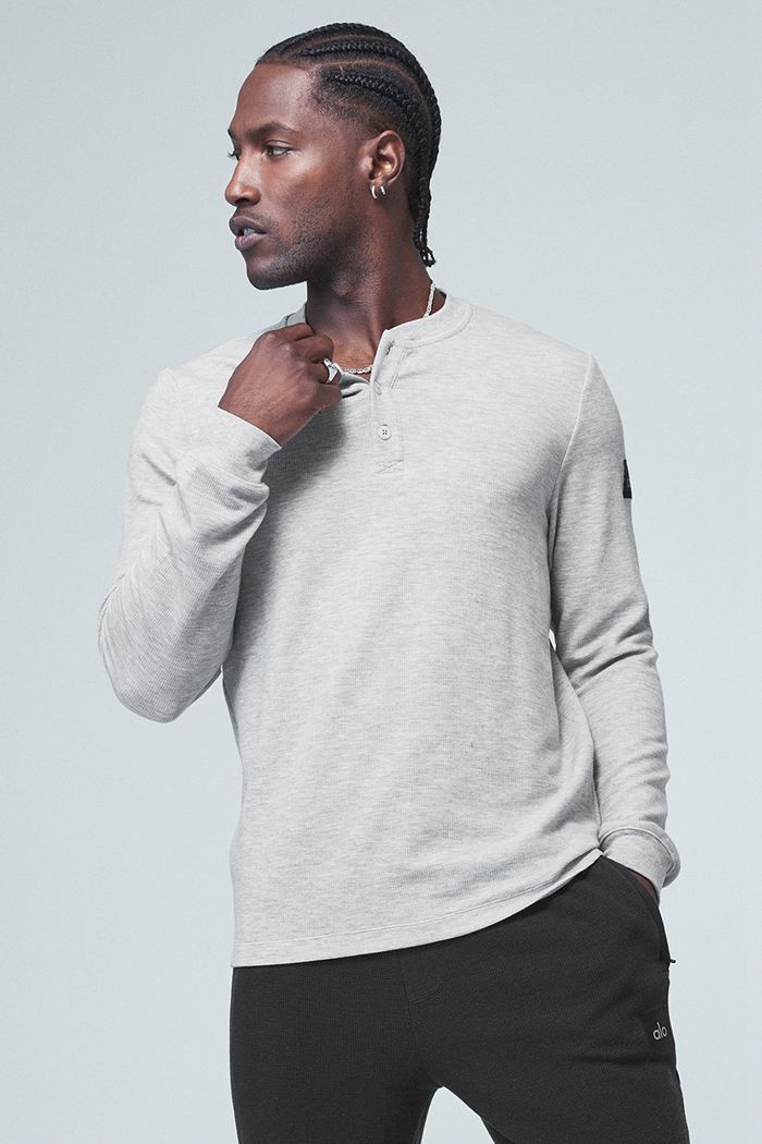 Alo Yoga Micro Waffle Fast Break Henley Men's Long Sleeve Grey | 36NDZUMCY