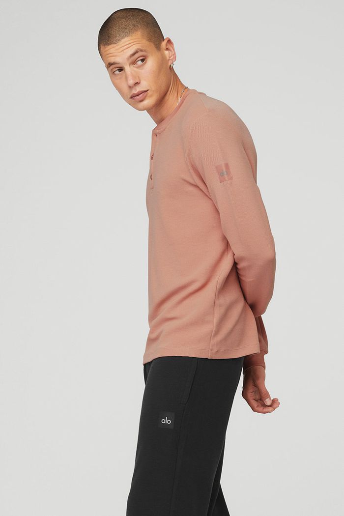 Alo Yoga Micro Waffle Fast Break Henley Men's Long Sleeve Pink | 39NFCHZQY