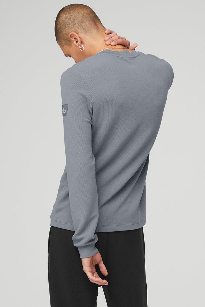 Alo Yoga Micro Waffle Fast Break Henley Men's Long Sleeve Grey | 73QKHYUZD