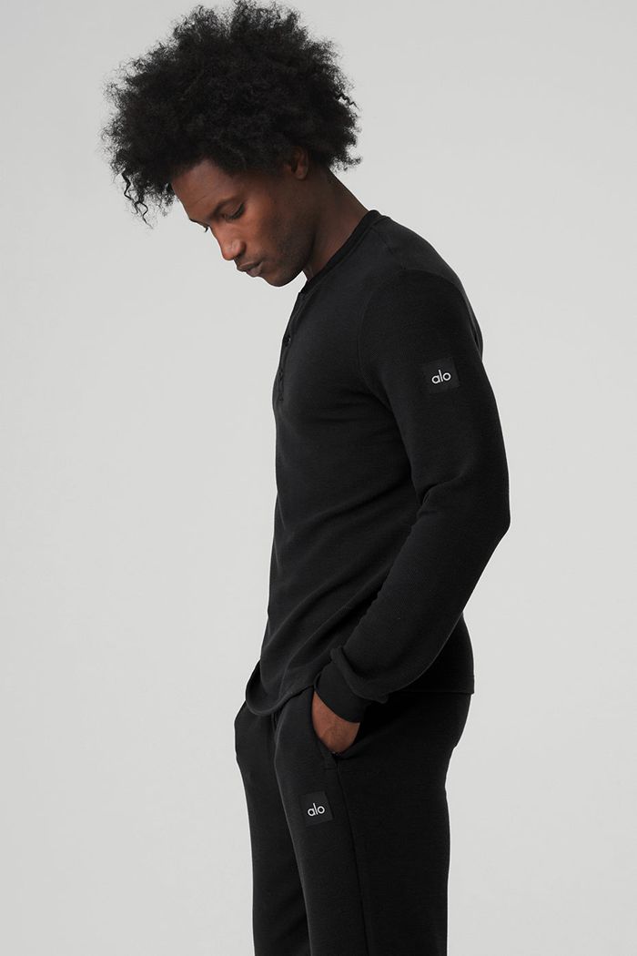 Alo Yoga Micro Waffle Fast Break Henley Men's Long Sleeve Black | 81YCRVXSZ