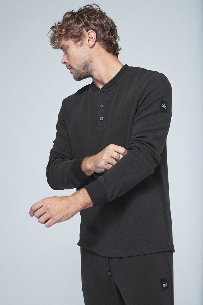 Alo Yoga Micro Waffle Fast Break Henley Men's Long Sleeve Black | 81YCRVXSZ