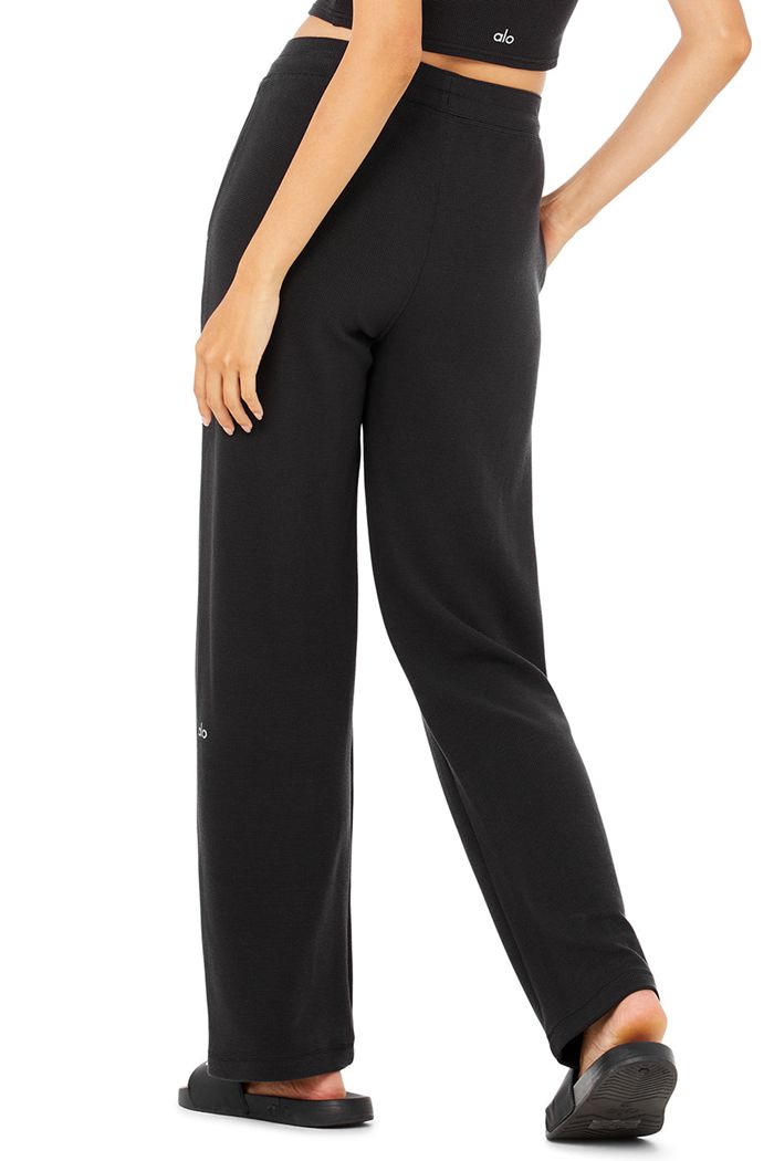 Alo Yoga Micro Waffle High-Waist Pleasant Wide Leg Women's Pants Black | 30HFZTIVU