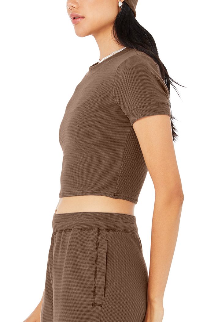 Alo Yoga Micro Waffle High-Waist Pleasant Wide Leg Women's Pants Brown | 56ZWDAGRH