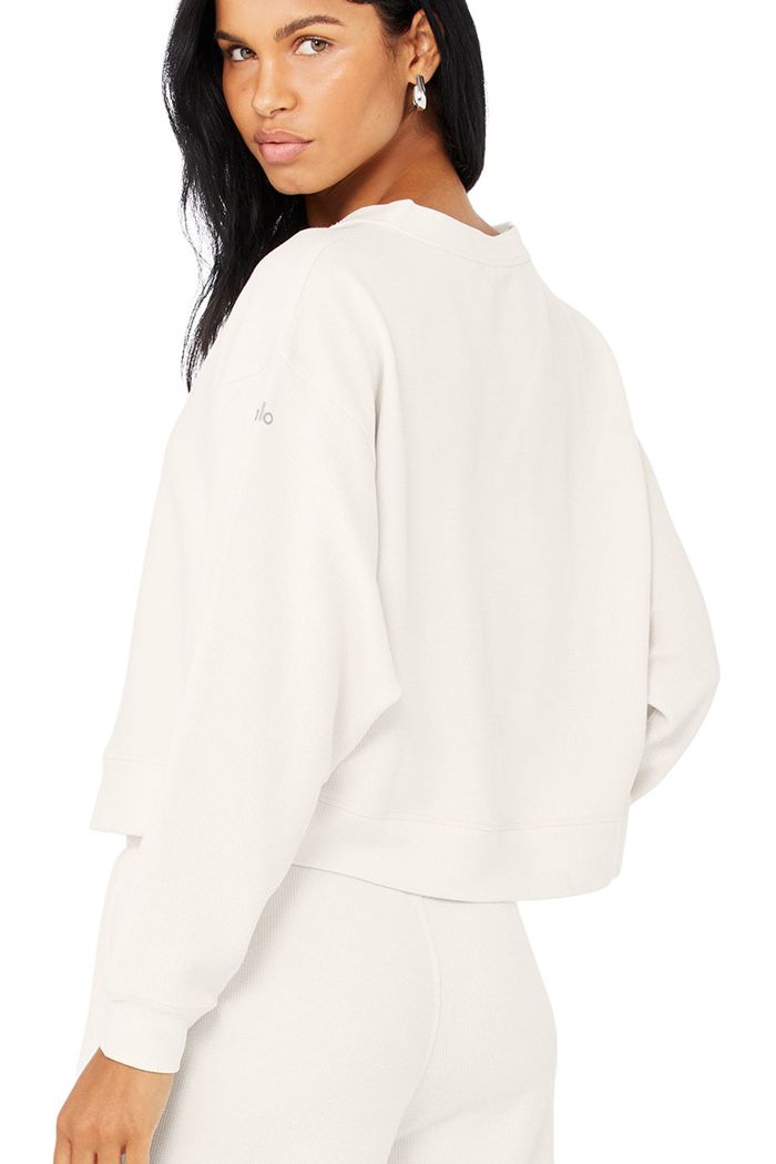 Alo Yoga Micro Waffle Pleasant Cropped Henley Women's Long Sleeve White | 14SHVBMLX