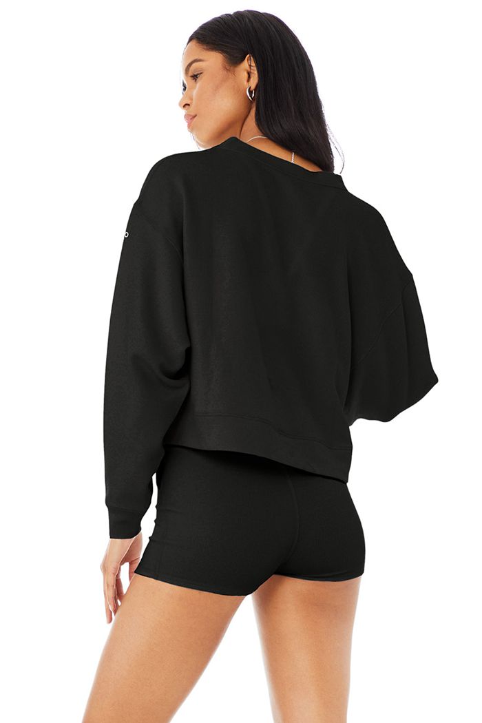 Alo Yoga Micro Waffle Pleasant Cropped Henley Women's Long Sleeve Black | 16NKBVOUE