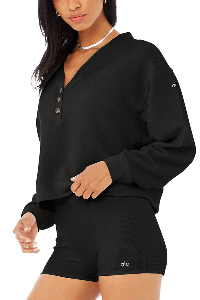 Alo Yoga Micro Waffle Pleasant Cropped Henley Women's Long Sleeve Black | 16NKBVOUE