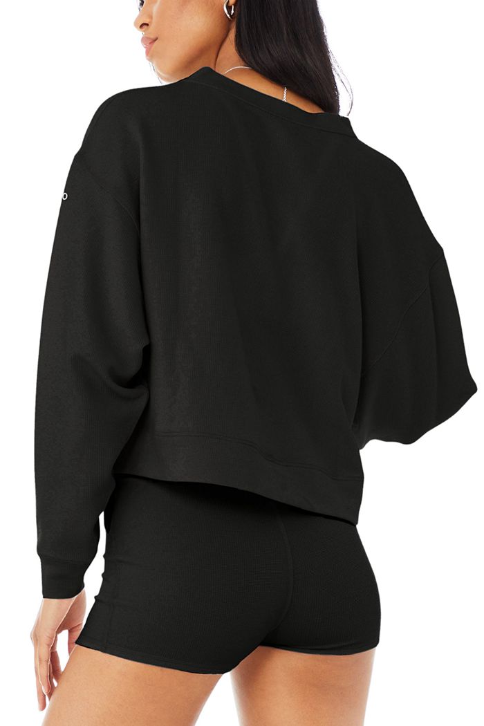 Alo Yoga Micro Waffle Pleasant Cropped Henley Women's Long Sleeve Black | 16NKBVOUE