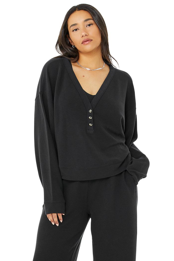 Alo Yoga Micro Waffle Pleasant Cropped Henley Women's Long Sleeve Black | 16NKBVOUE