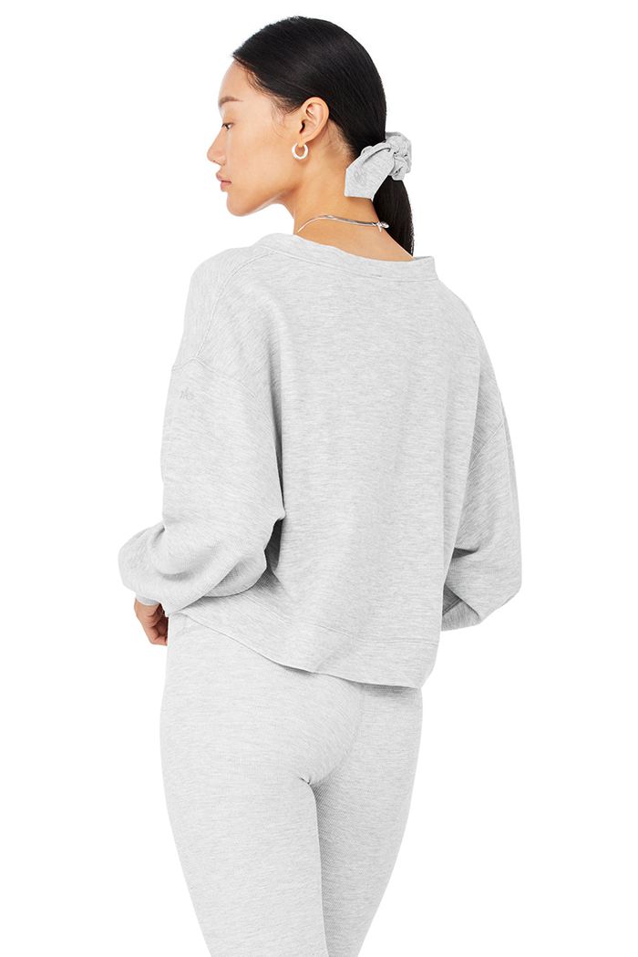 Alo Yoga Micro Waffle Pleasant Cropped Henley Women's Long Sleeve Grey | 57GOREFBA