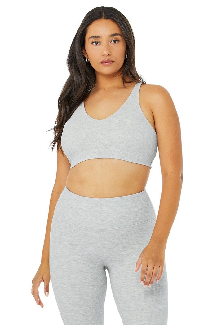 Alo Yoga Micro Waffle Pleasant Women's Bras Grey | 47XJDPFVM