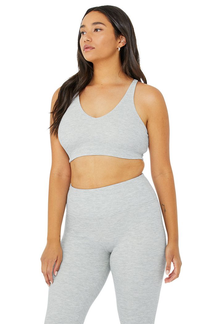 Alo Yoga Micro Waffle Pleasant Women's Bras Grey | 47XJDPFVM