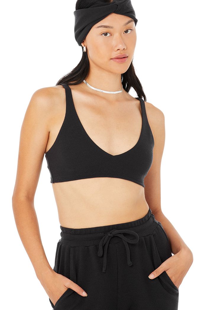 Alo Yoga Micro Waffle Pleasant Women's Bras Black | 85QZWISDB