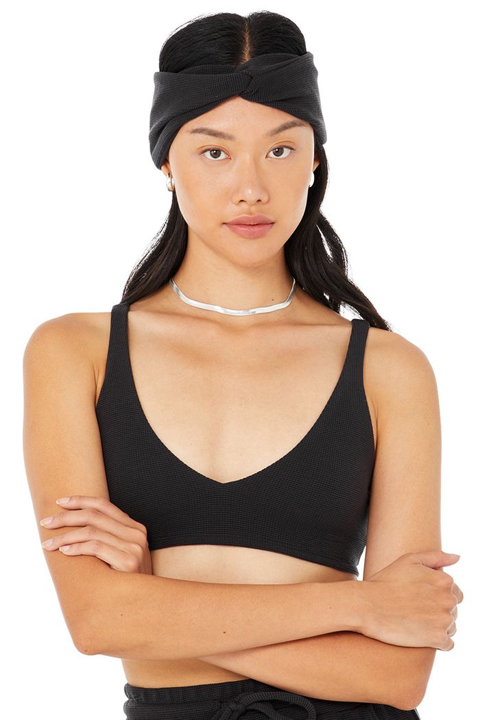 Alo Yoga Micro Waffle Pleasant Women's Bras Black | 85QZWISDB