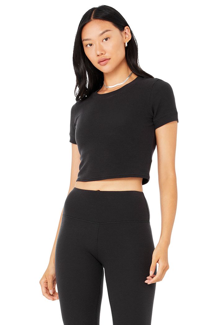 Alo Yoga Micro Waffle Sierra Women's Short Sleeve Black | 47DSBKMWP