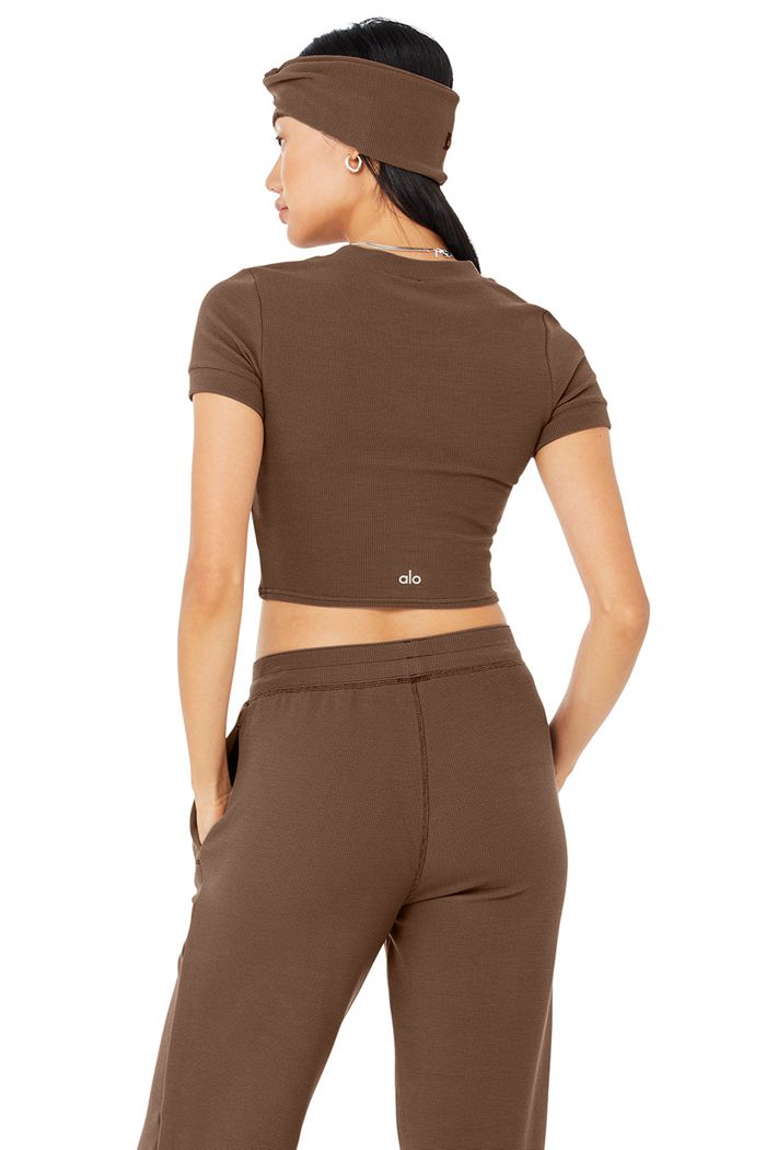 Alo Yoga Micro Waffle Sierra Women's Short Sleeve Brown | 95KEBZNFX