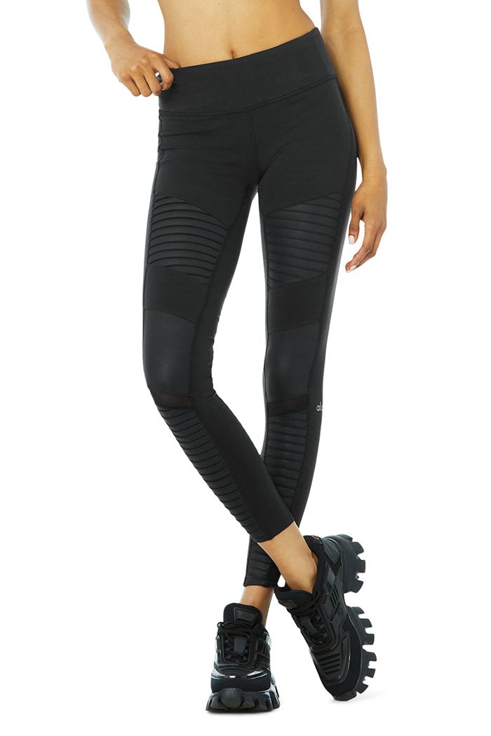 Alo Yoga Moto Women\'s Leggings Black | 37MEYWRUP