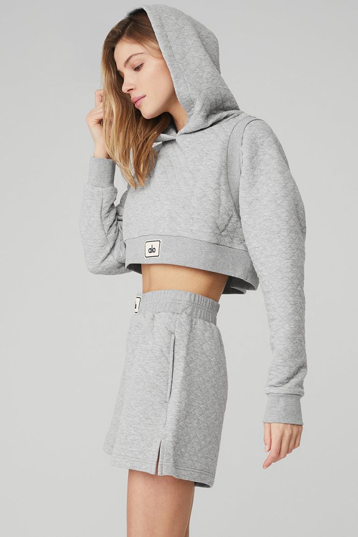 Alo Yoga Quilted Cropped Arena Women's Hoodie Grey | 40MQNTDLW