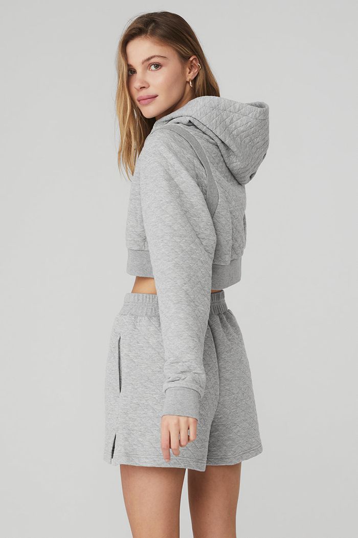 Alo Yoga Quilted Cropped Arena Women's Hoodie Grey | 40MQNTDLW