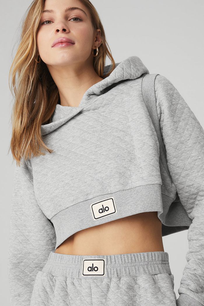 Alo Yoga Quilted Cropped Arena Women's Hoodie Grey | 40MQNTDLW