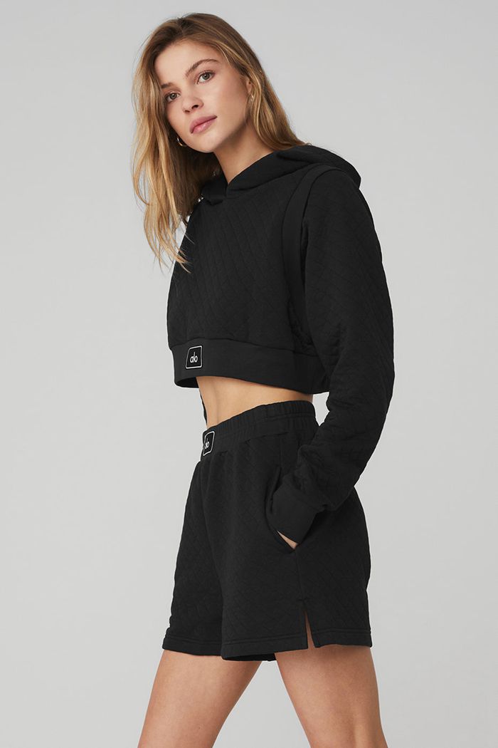 Alo Yoga Quilted Cropped Arena Women's Hoodie Black | 51GSOMLYR