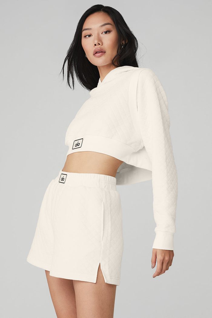 Alo Yoga Quilted Cropped Arena Women's Hoodie White | 98GPDCNRI