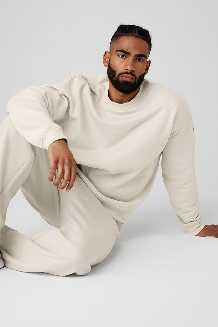 Alo Yoga Renown Crew Neck Men's Pullover Beige | 74ESKMANG