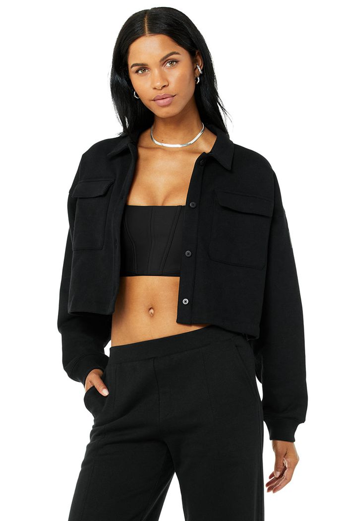 Alo Yoga Renown Cropped Button-Up Women's Pullover Black | 40GMNCQUB