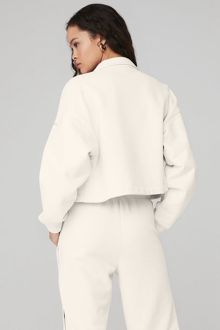 Alo Yoga Renown Cropped Button-Up Women's Pullover White | 56CUQABWV