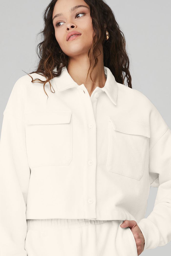 Alo Yoga Renown Cropped Button-Up Women's Pullover White | 56CUQABWV