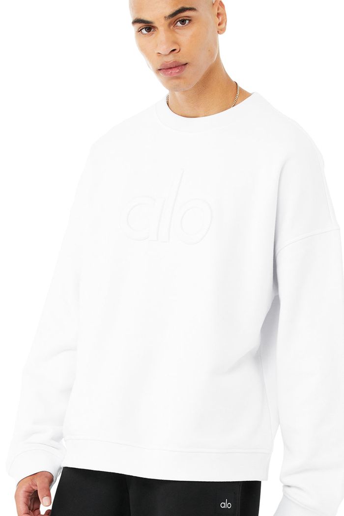 Alo Yoga Renown Heavy Weight Emblem Crew Neck Men's Pullover White | 37AZKIHYW