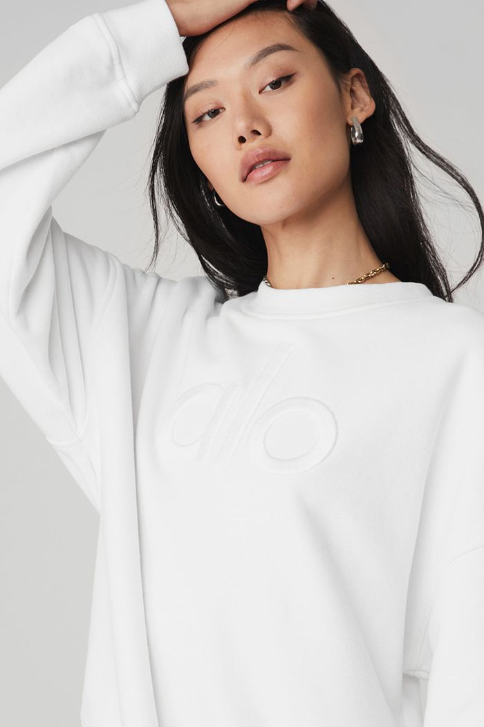 Alo Yoga Renown Heavy Weight Emblem Crew Neck Women's Pullover White | 61HESWTVC