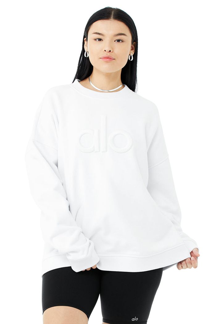 Alo Yoga Renown Heavy Weight Emblem Crew Neck Women's Pullover White | 61HESWTVC