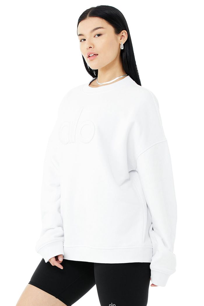 Alo Yoga Renown Heavy Weight Emblem Crew Neck Women's Pullover White | 61HESWTVC