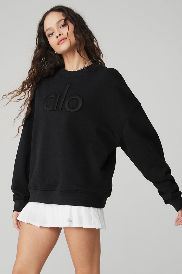 Alo Yoga Renown Heavy Weight Emblem Crew Neck Women's Pullover Black | 83UFEDWRY