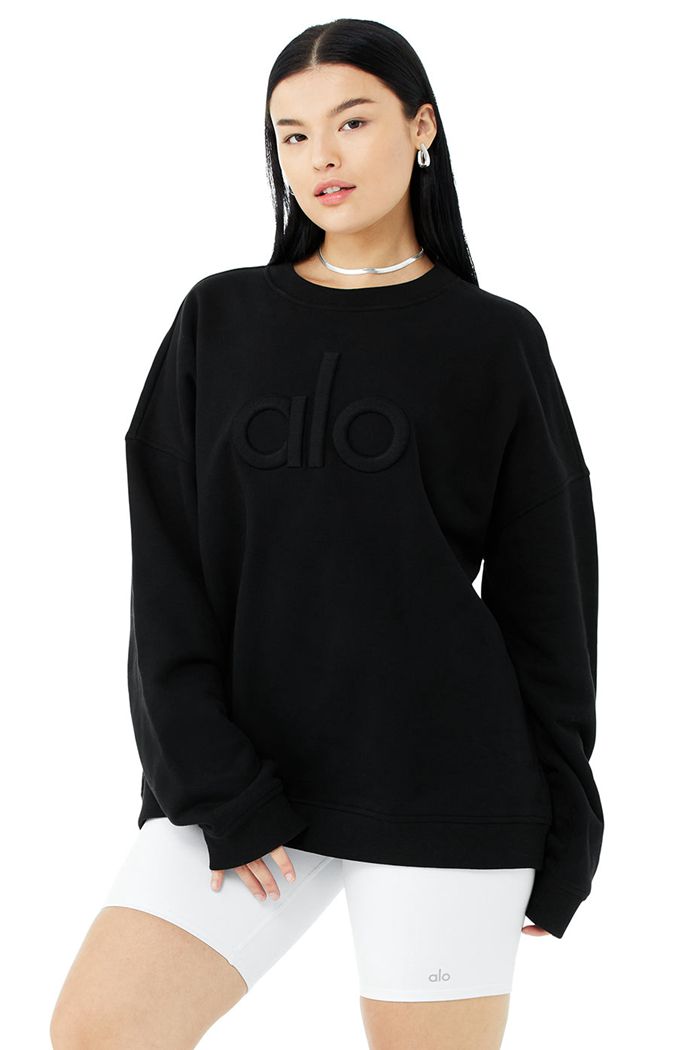 Alo Yoga Renown Heavy Weight Emblem Crew Neck Women's Pullover Black | 83UFEDWRY