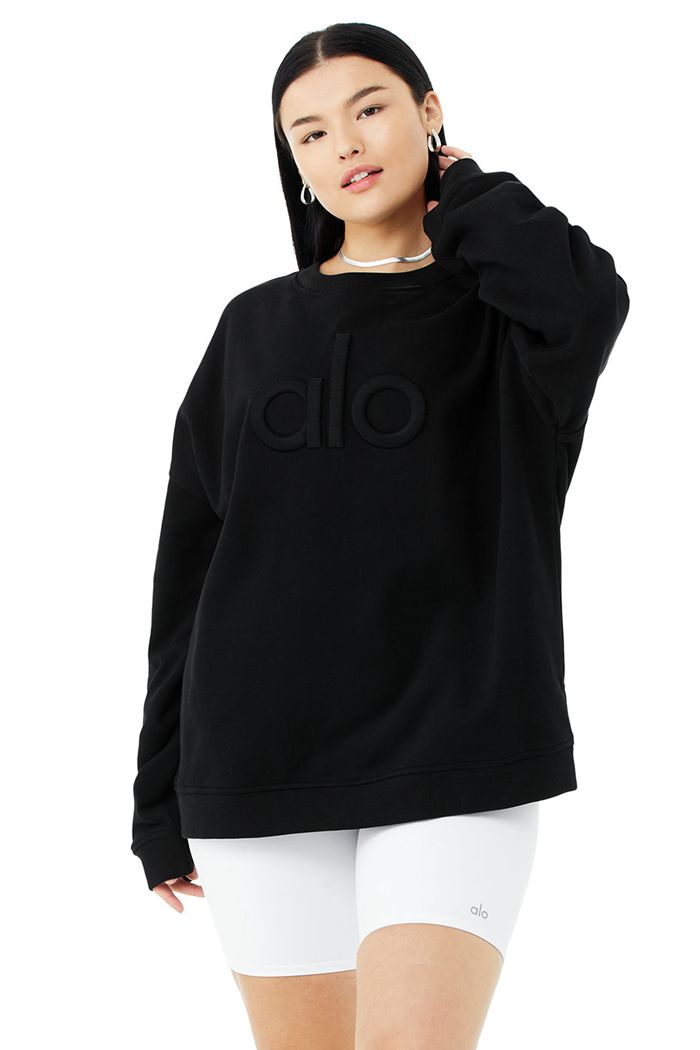 Alo Yoga Renown Heavy Weight Emblem Crew Neck Women's Pullover Black | 83UFEDWRY