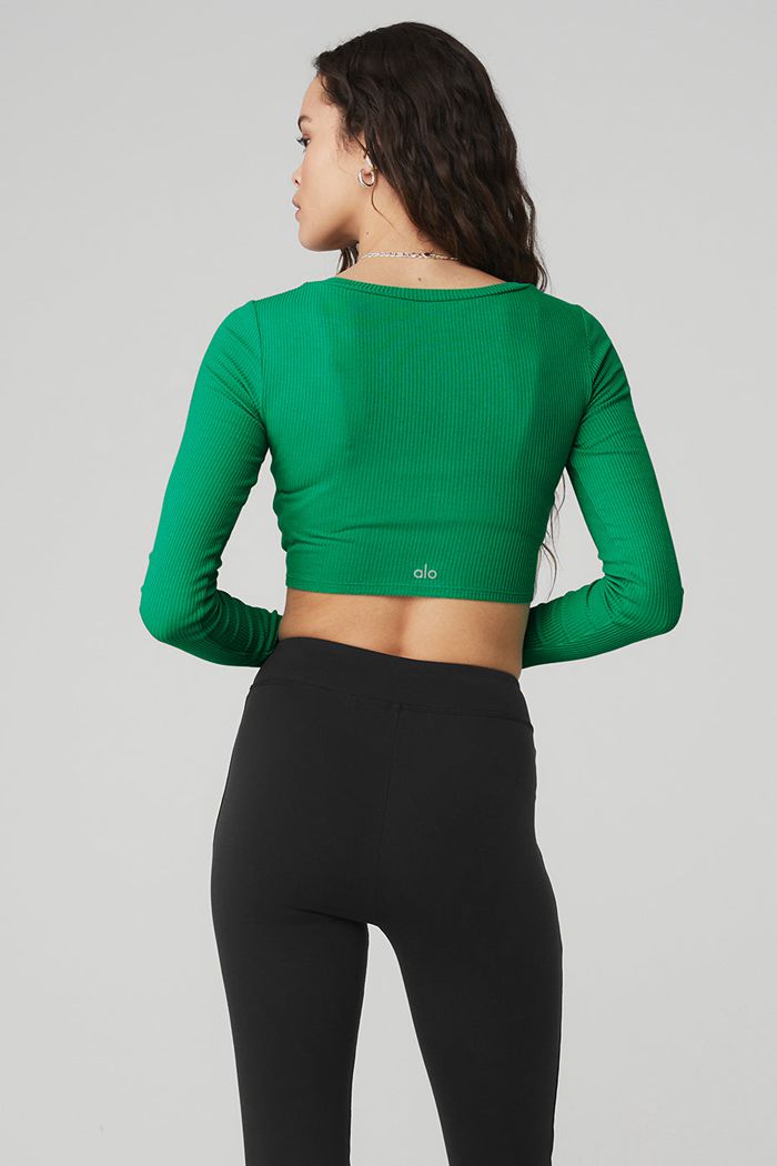 Alo Yoga Ribbed Cinch Cropped Women's Long Sleeve Green Turquoise | 09KDXSOBG