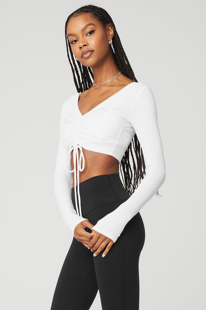 Alo Yoga Ribbed Cinch Cropped Women's Long Sleeve White | 25FXLMUBH