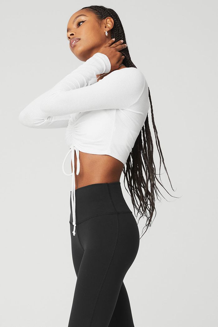 Alo Yoga Ribbed Cinch Cropped Women's Long Sleeve White | 25FXLMUBH