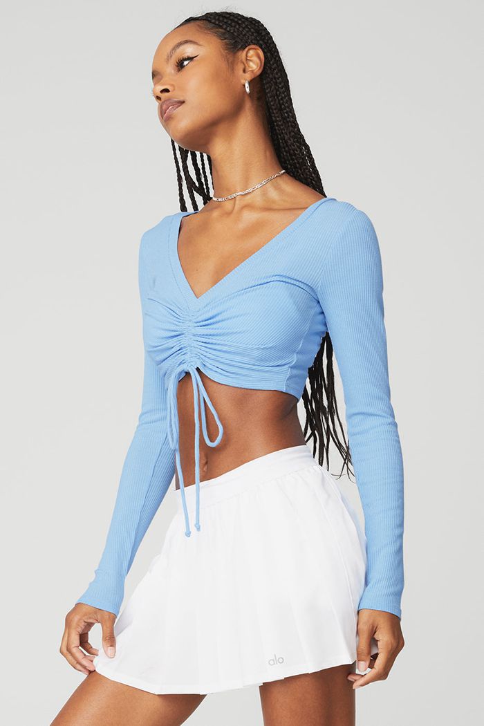 Alo Yoga Ribbed Cinch Cropped Women's Long Sleeve Blue | 38KRVFAXZ