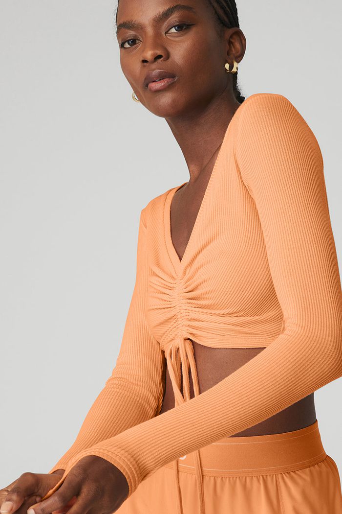 Alo Yoga Ribbed Cinch Cropped Women's Long Sleeve Orange | 64DZAXQKG