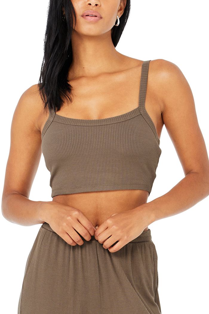 Alo Yoga Ribbed Crop Whisper Women's Bras Brown | 27EIFTMZN