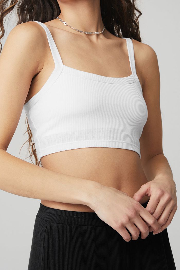 Alo Yoga Ribbed Crop Whisper Women's Bras White | 47ULYCTNX