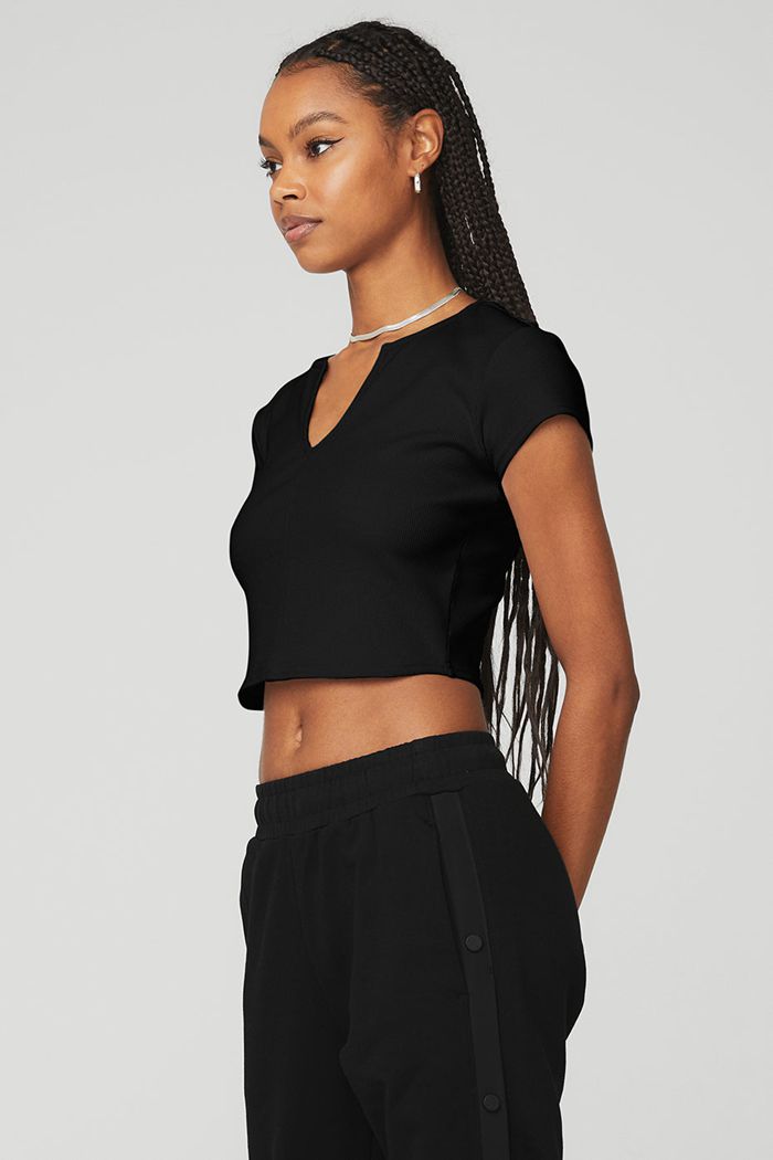 Alo Yoga Ribbed Cropped Savvy Women's Short Sleeve Black | 50NJGVWUF